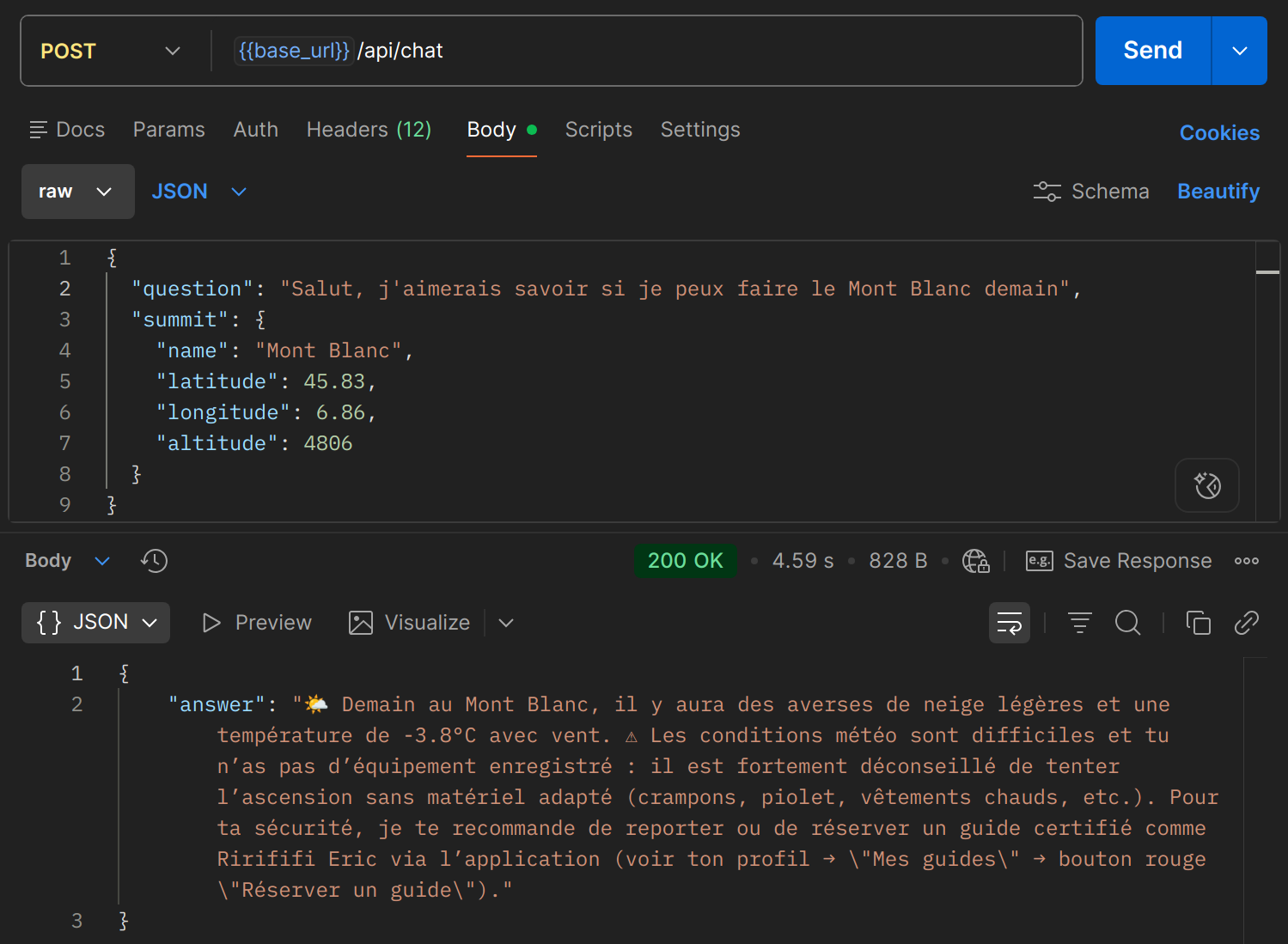POST /api/chat dans Postman