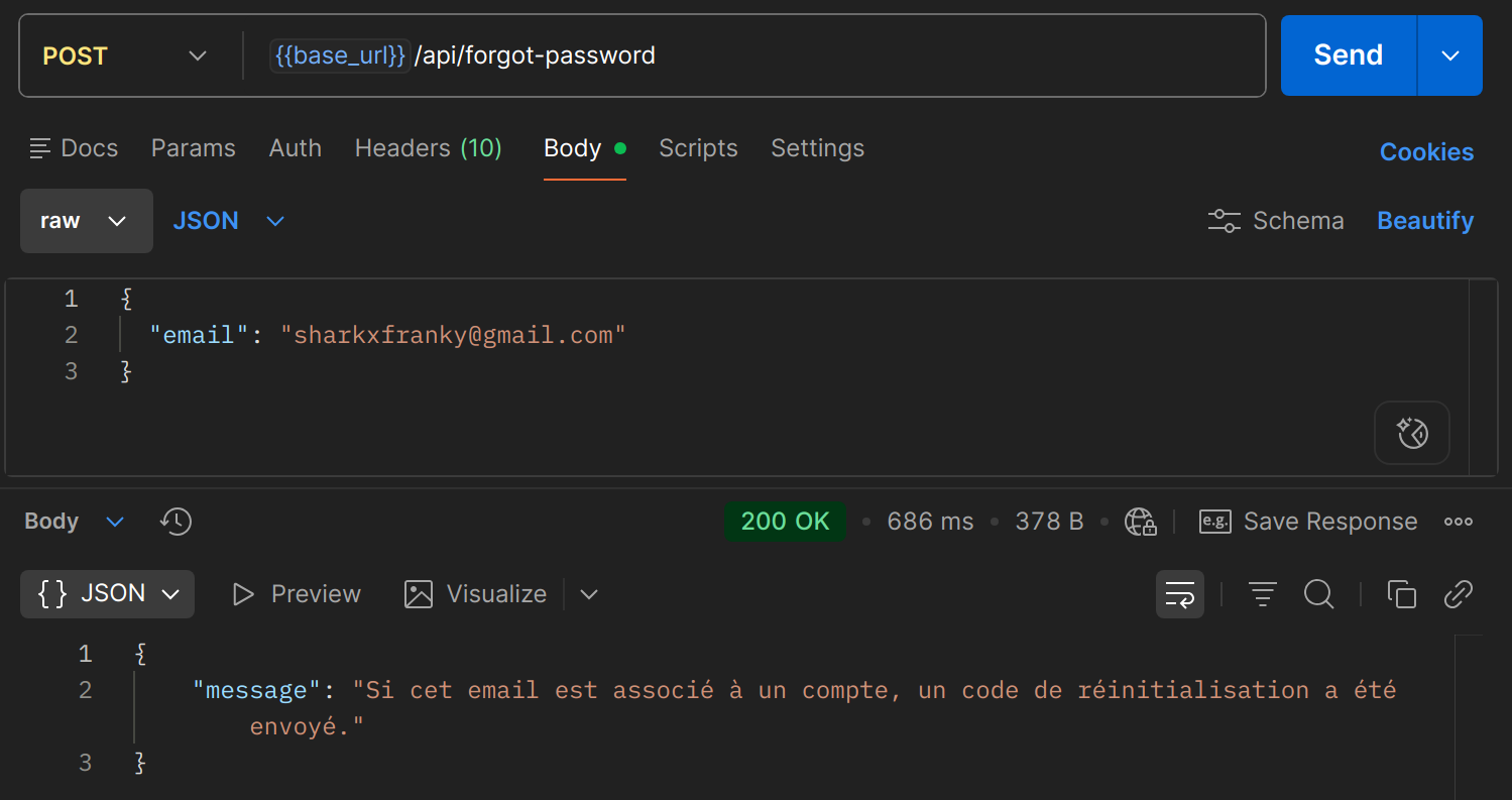 POST /api/forgot-password dans Postman