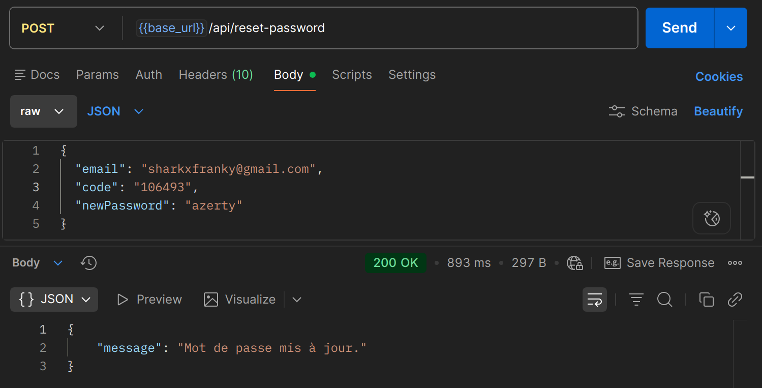 POST /api/reset-password dans Postman