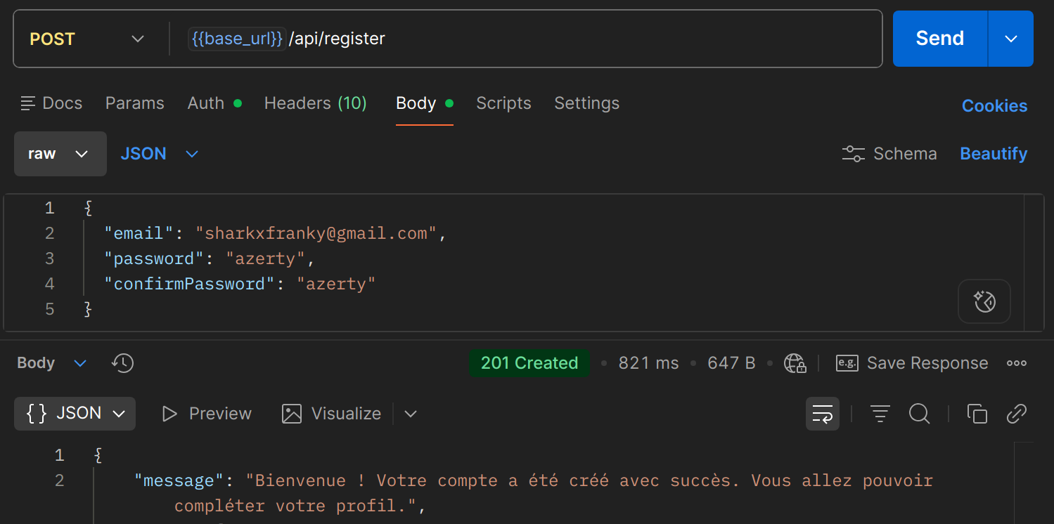 POST /api/register dans Postman