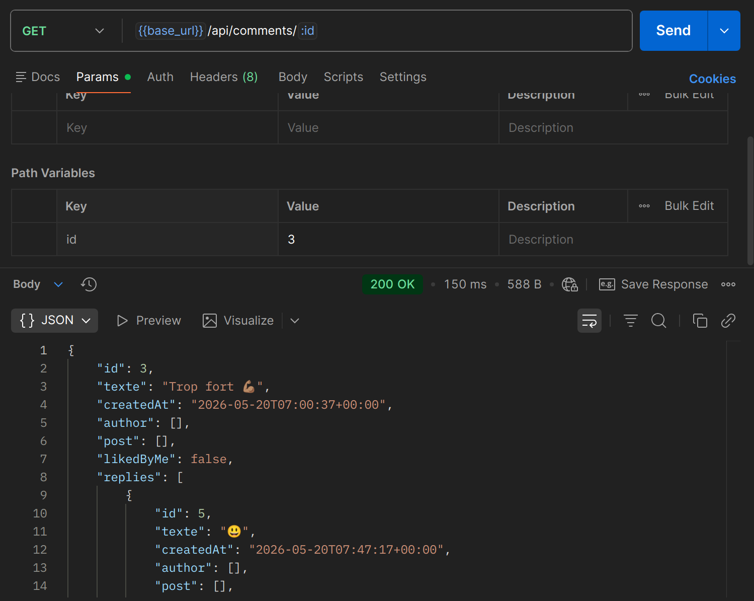 GET /api/comments/{id} dans Postman