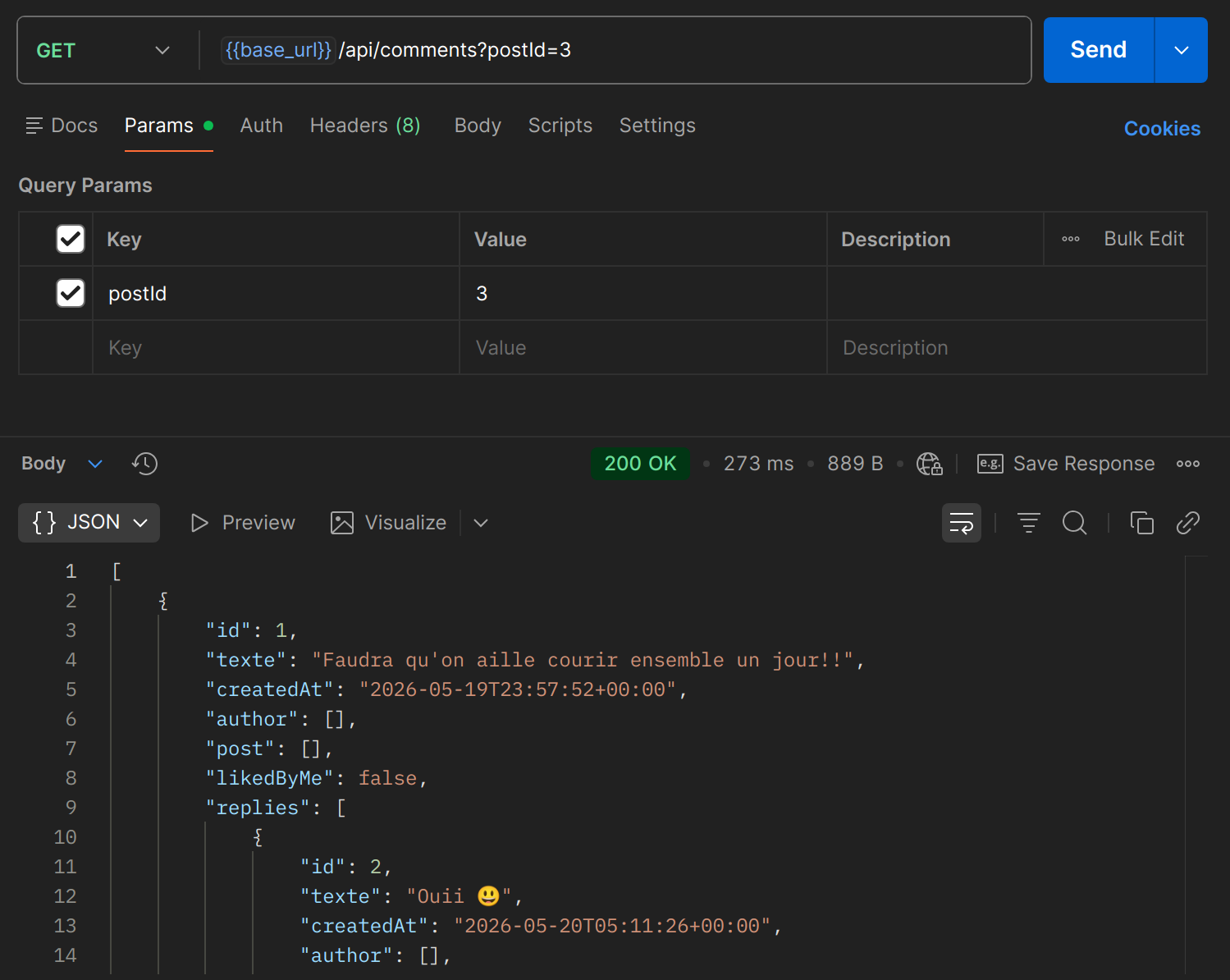 GET /api/comments dans Postman