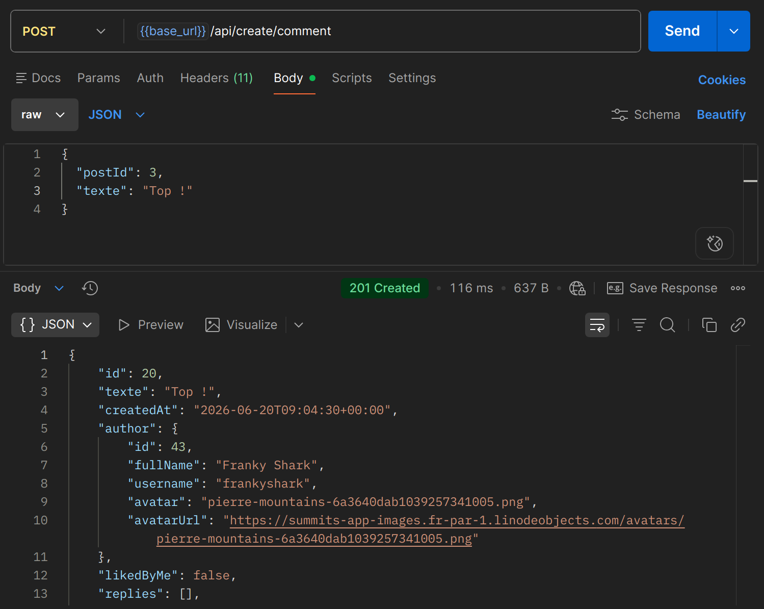 POST /api/create/comment dans Postman