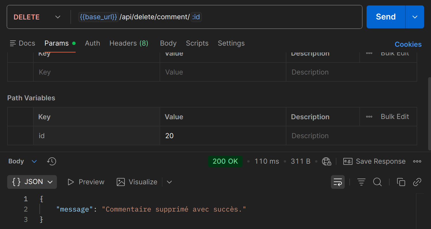 DELETE /api/delete/comment/{id} dans Postman