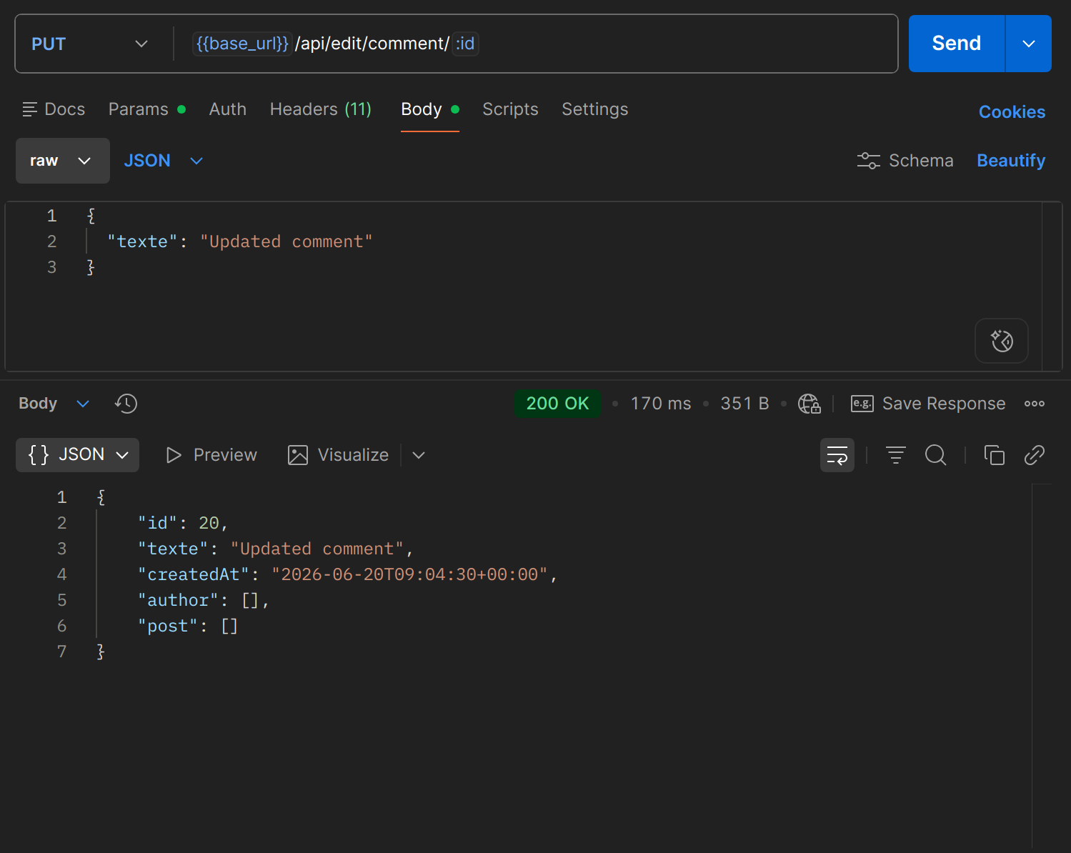 PUT /api/edit/comment/{id} dans Postman