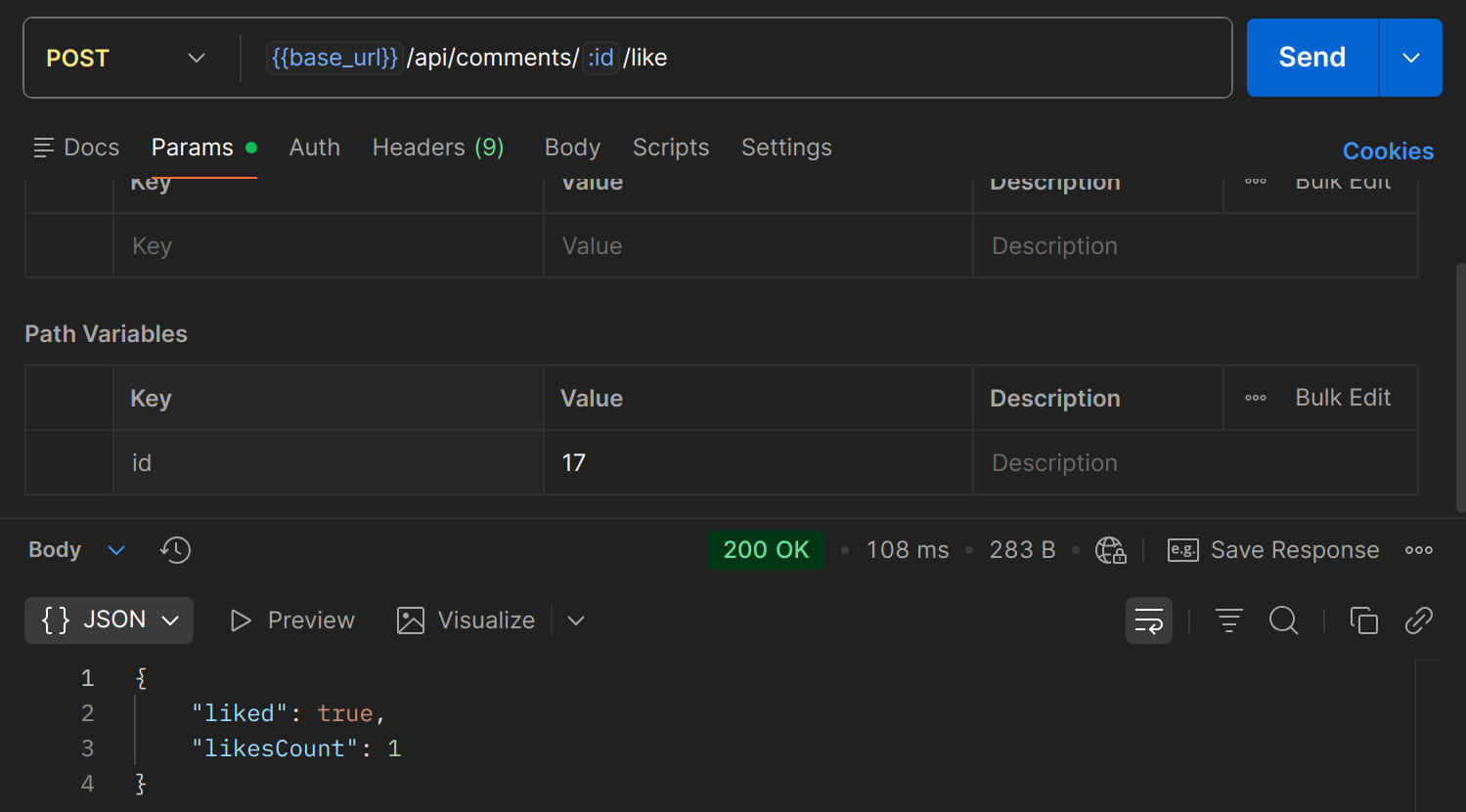 POST /api/comments/{id}/like dans Postman