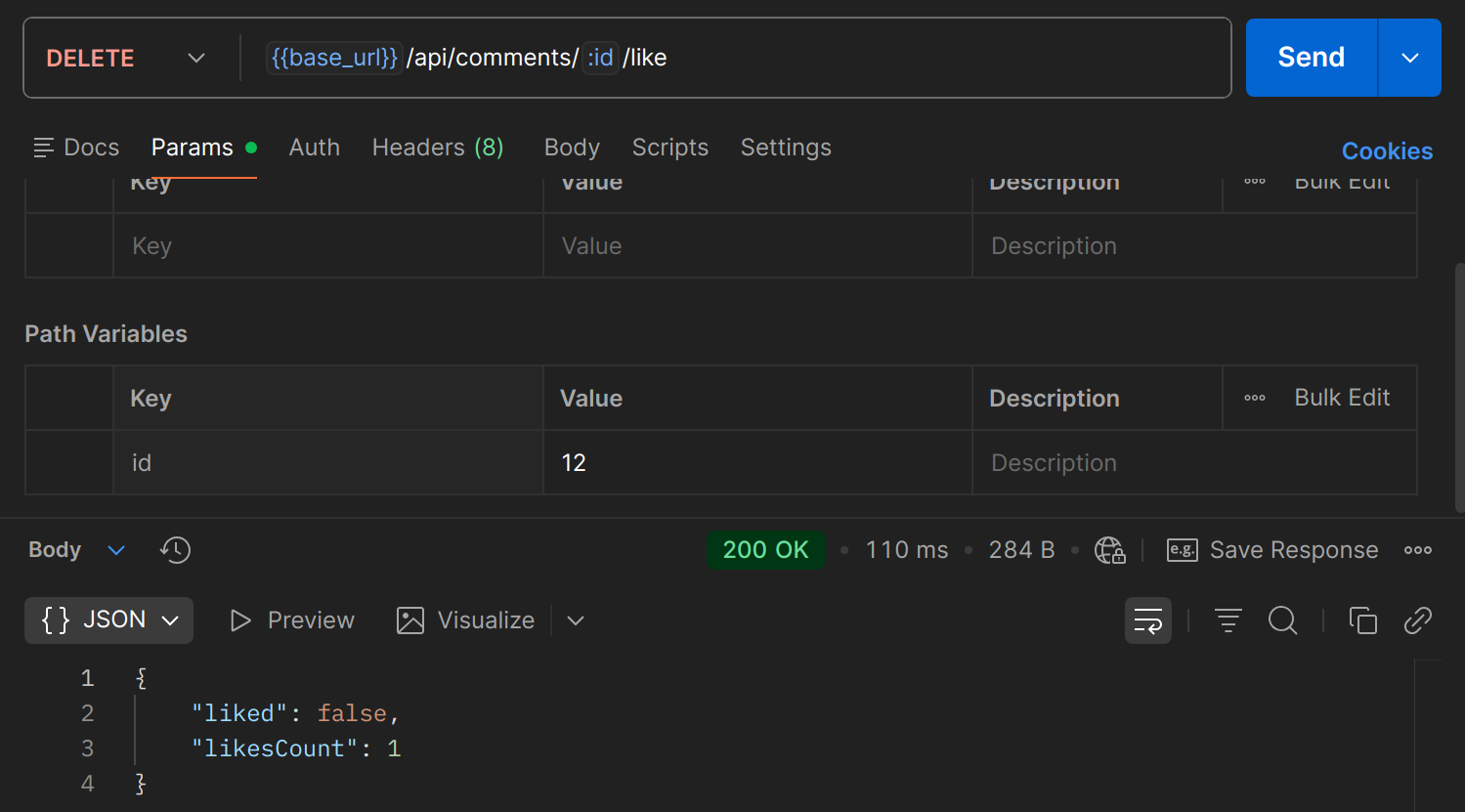 DELETE /api/comments/{id}/like dans Postman