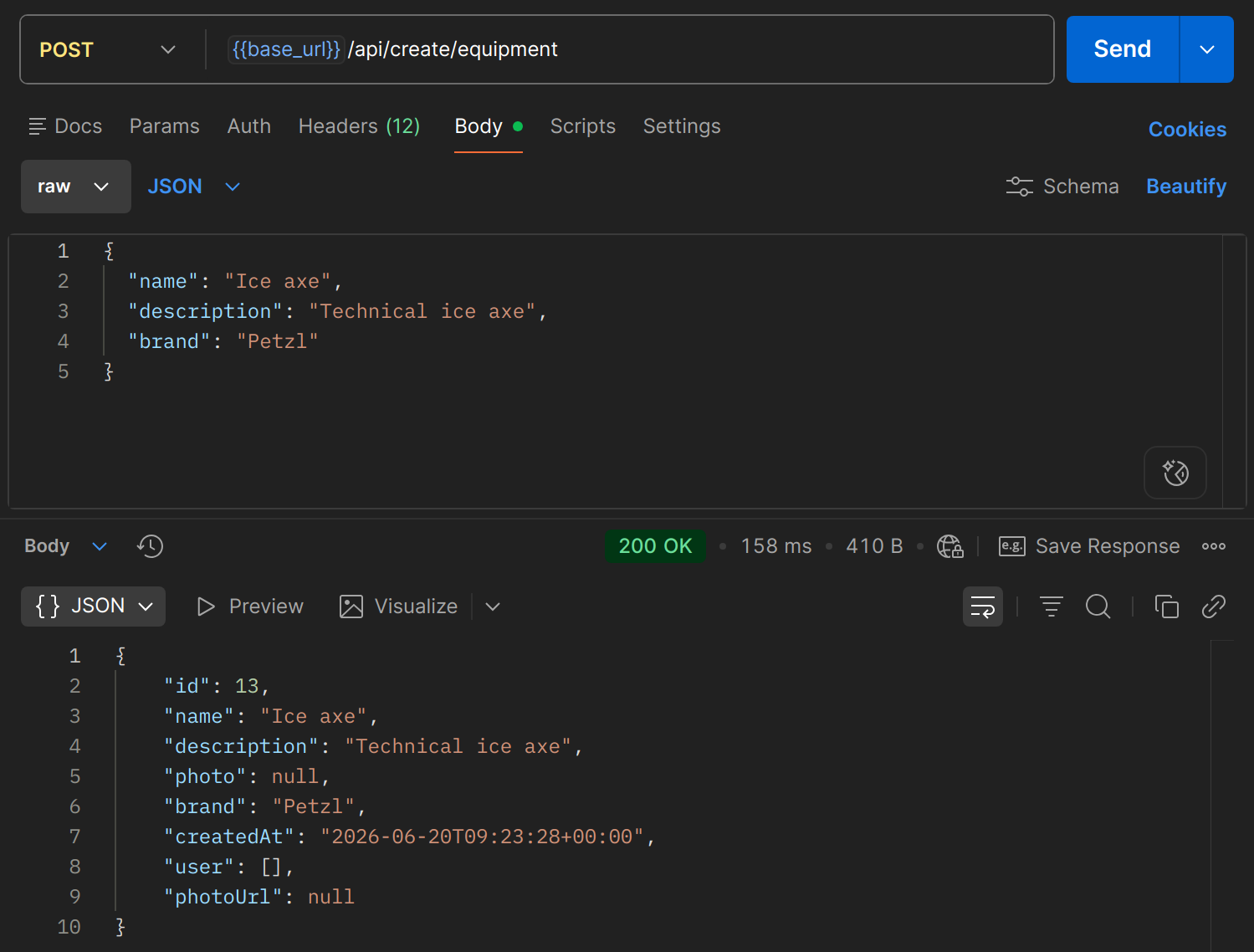 POST /api/create/equipment dans Postman