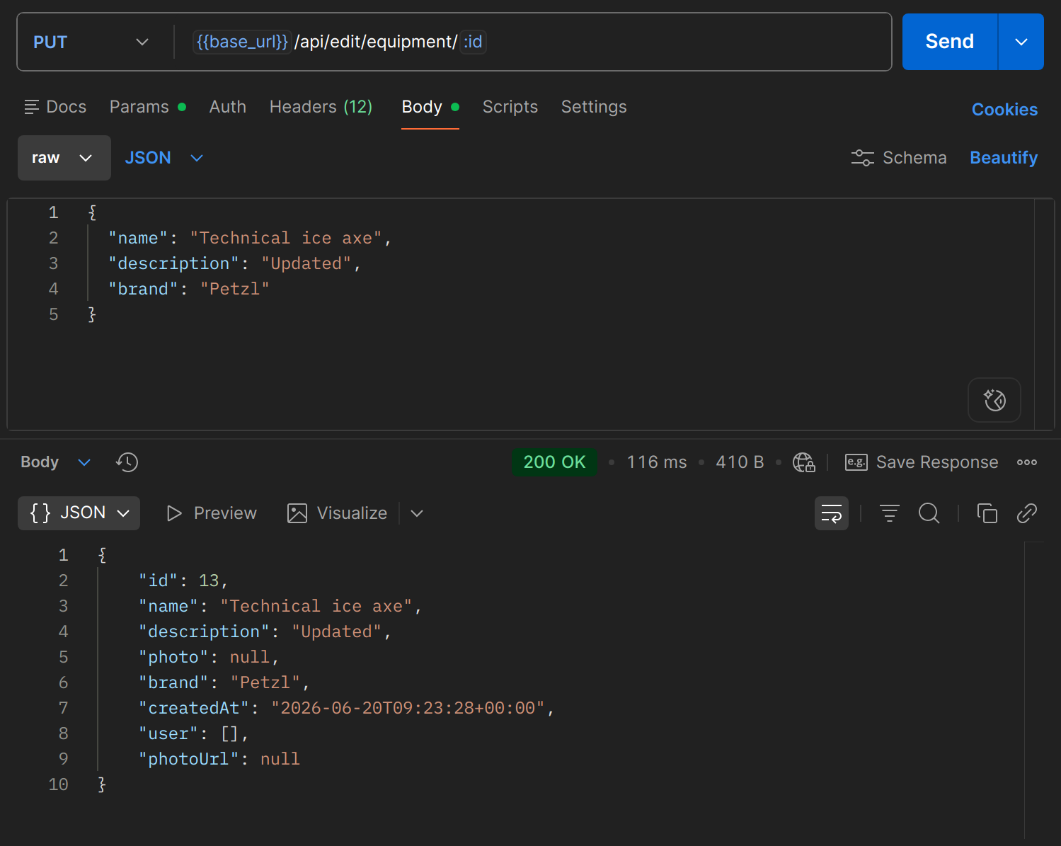 PUT /api/edit/equipment/{id} dans Postman