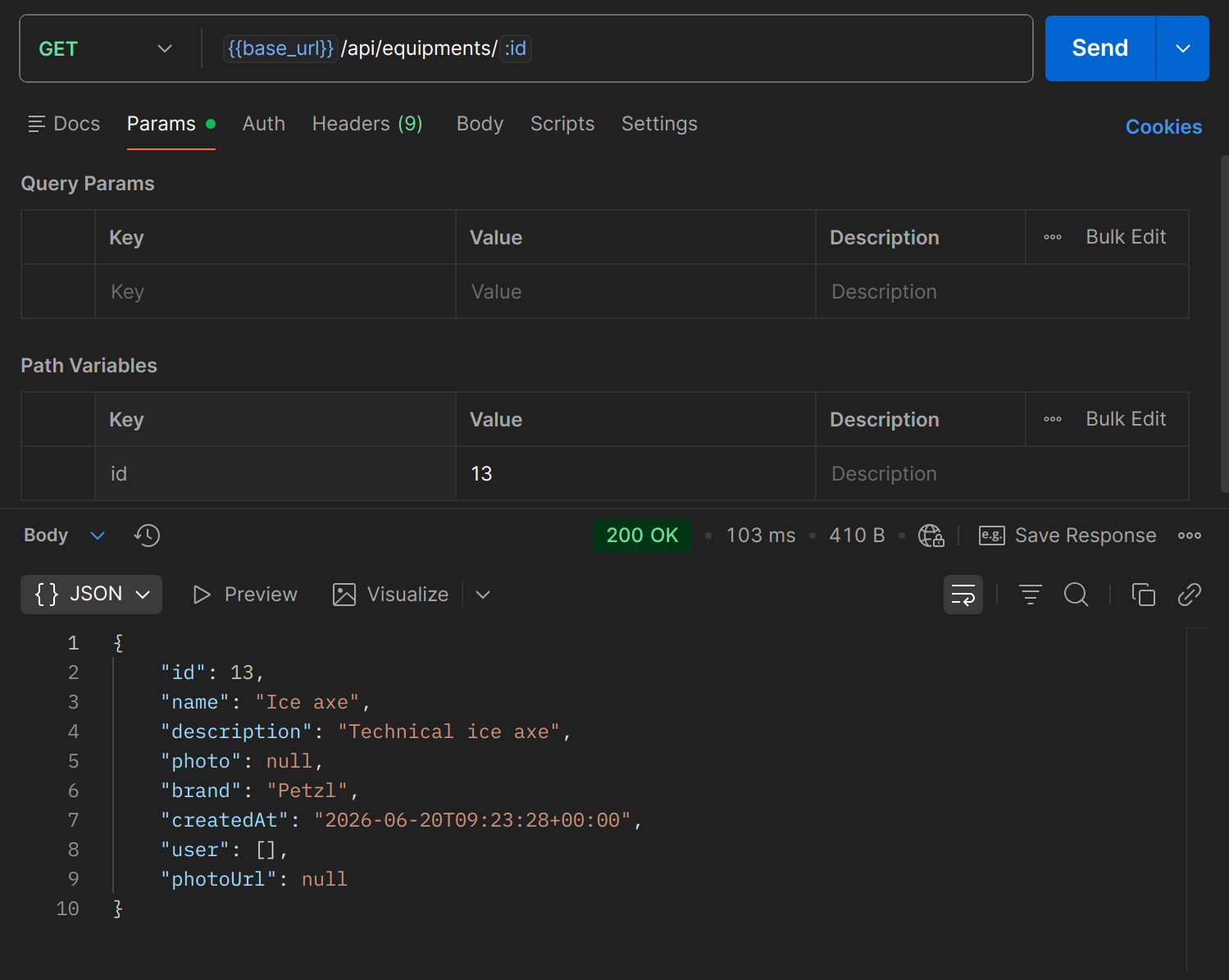 GET /api/equipments/{id} dans Postman