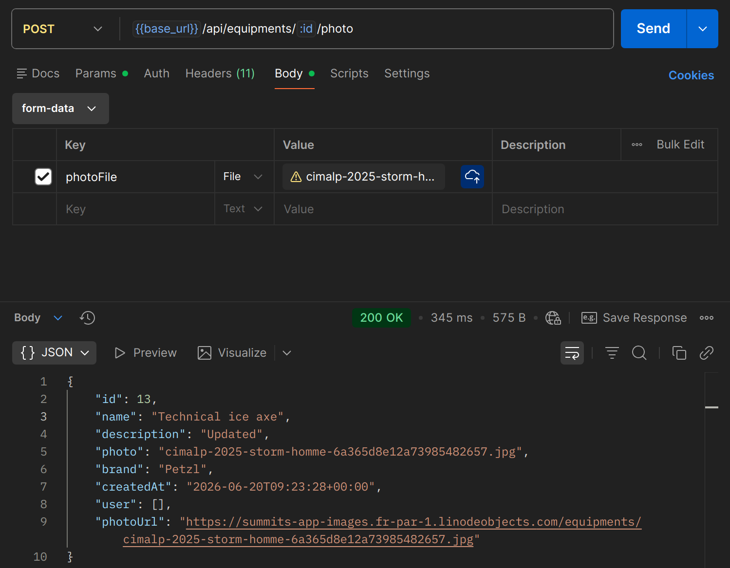 POST /api/equipments/{id}/photo dans Postman
