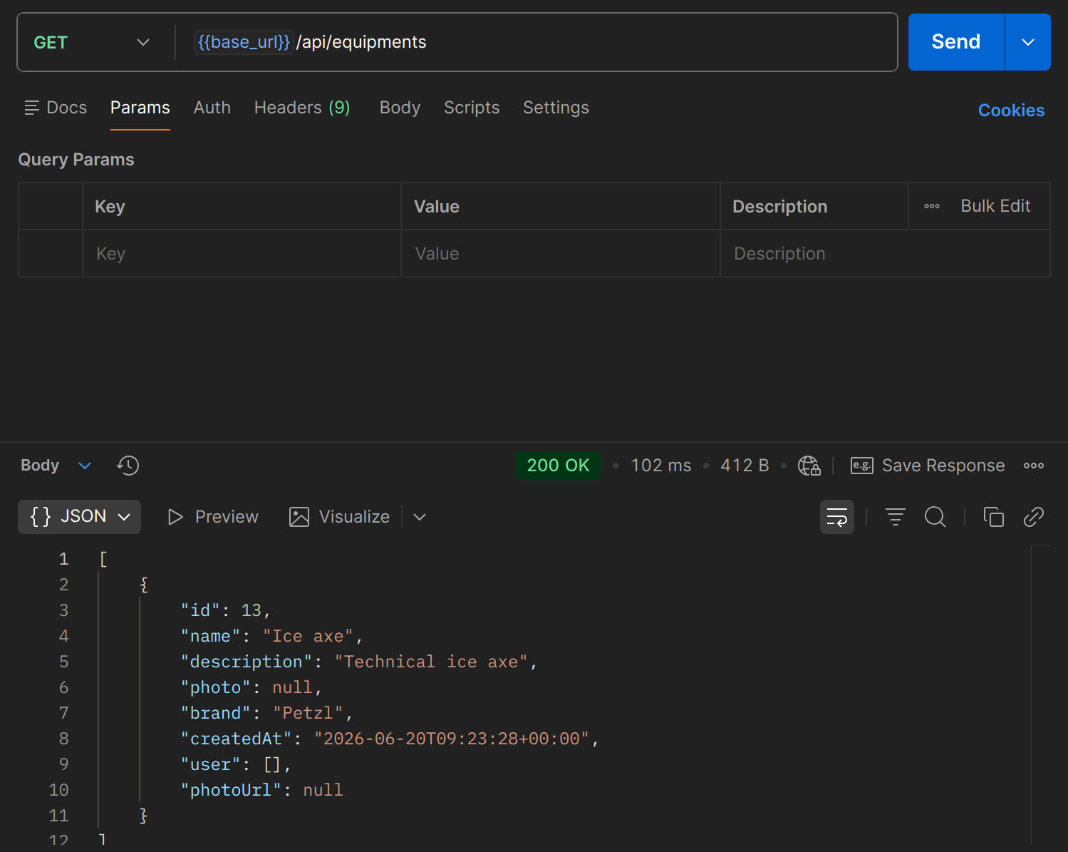 GET /api/equipments dans Postman