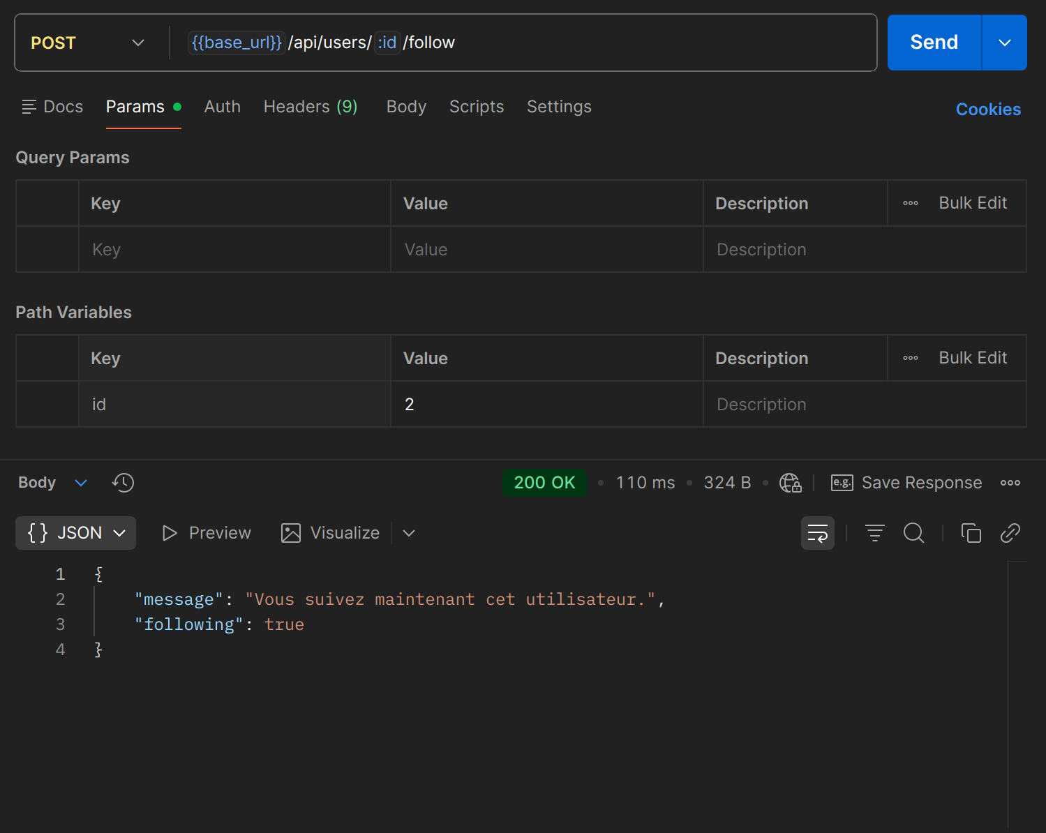 POST /api/users/{id}/follow dans Postman