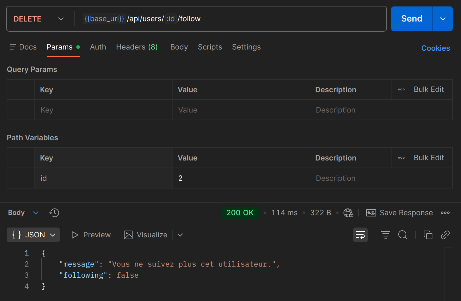 DELETE /api/users/{id}/follow dans Postman