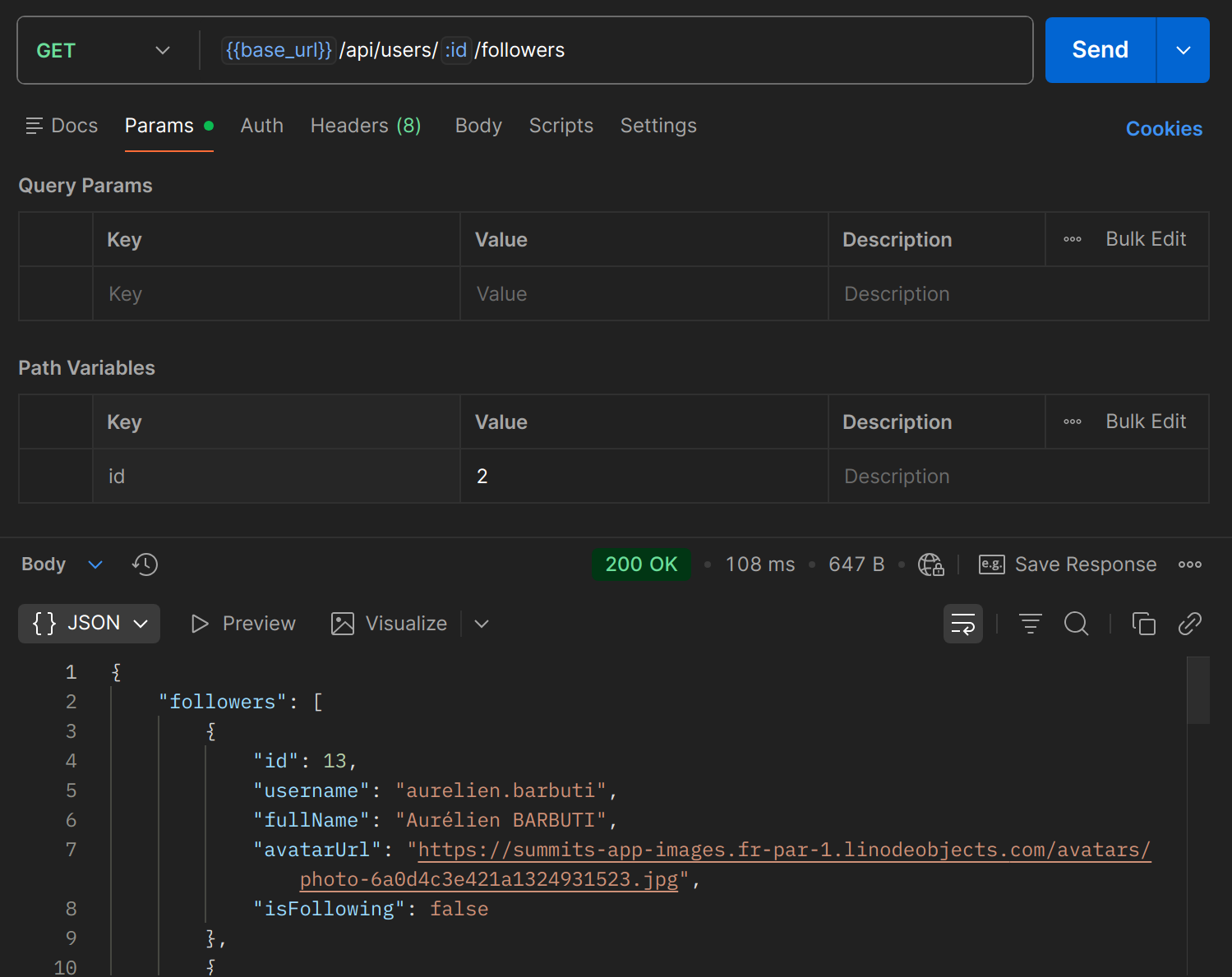GET /api/users/{id}/followers dans Postman
