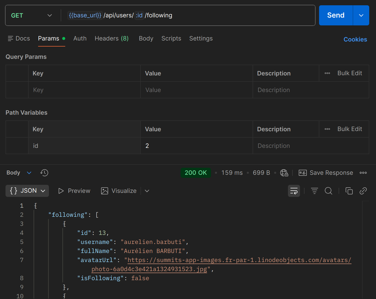 GET /api/users/{id}/following dans Postman