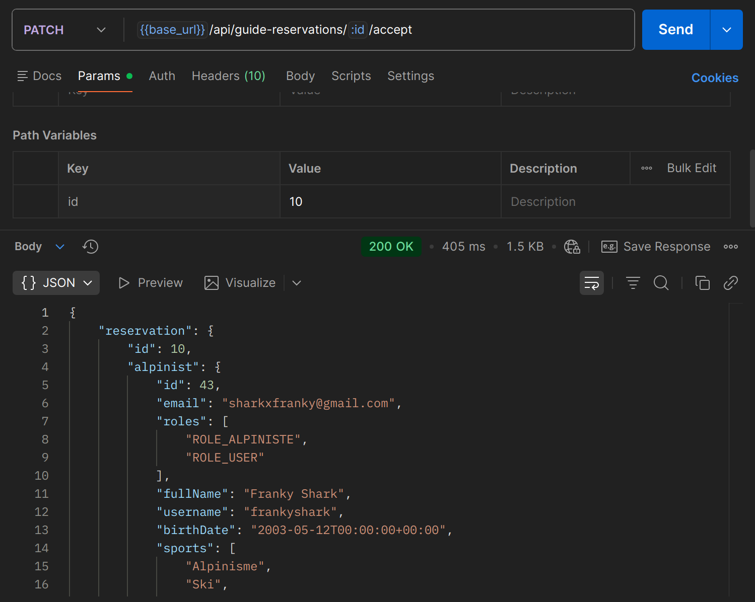 PATCH /api/guide-reservations/{id}/accept dans Postman