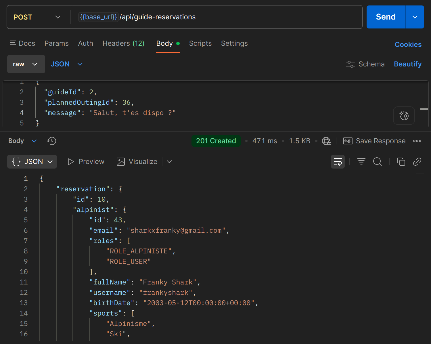 POST /api/guide-reservations dans Postman