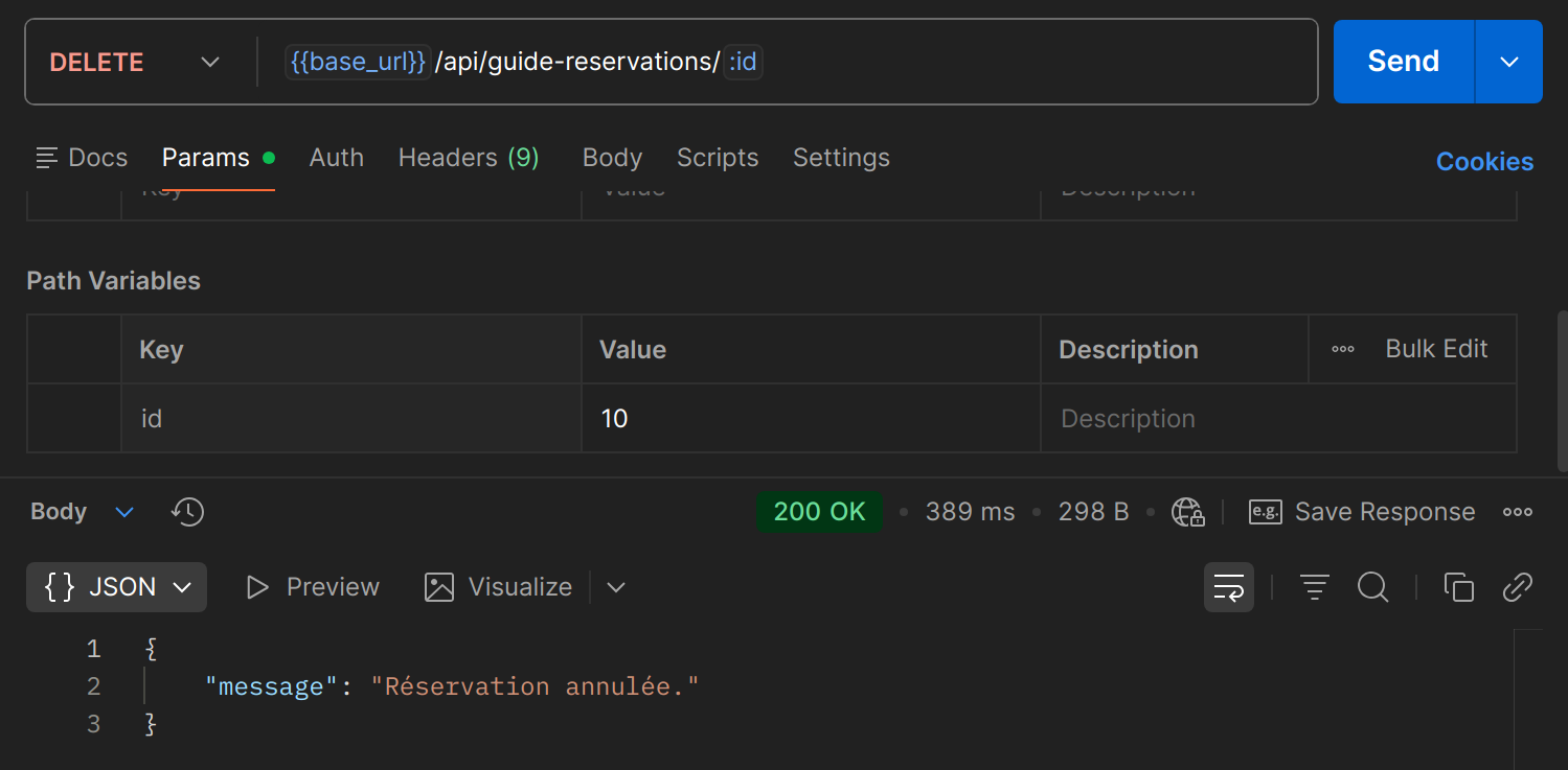 DELETE /api/guide-reservations/{id} dans Postman