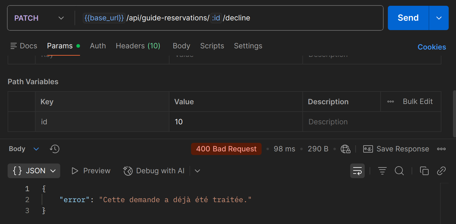 PATCH /api/guide-reservations/{id}/decline dans Postman