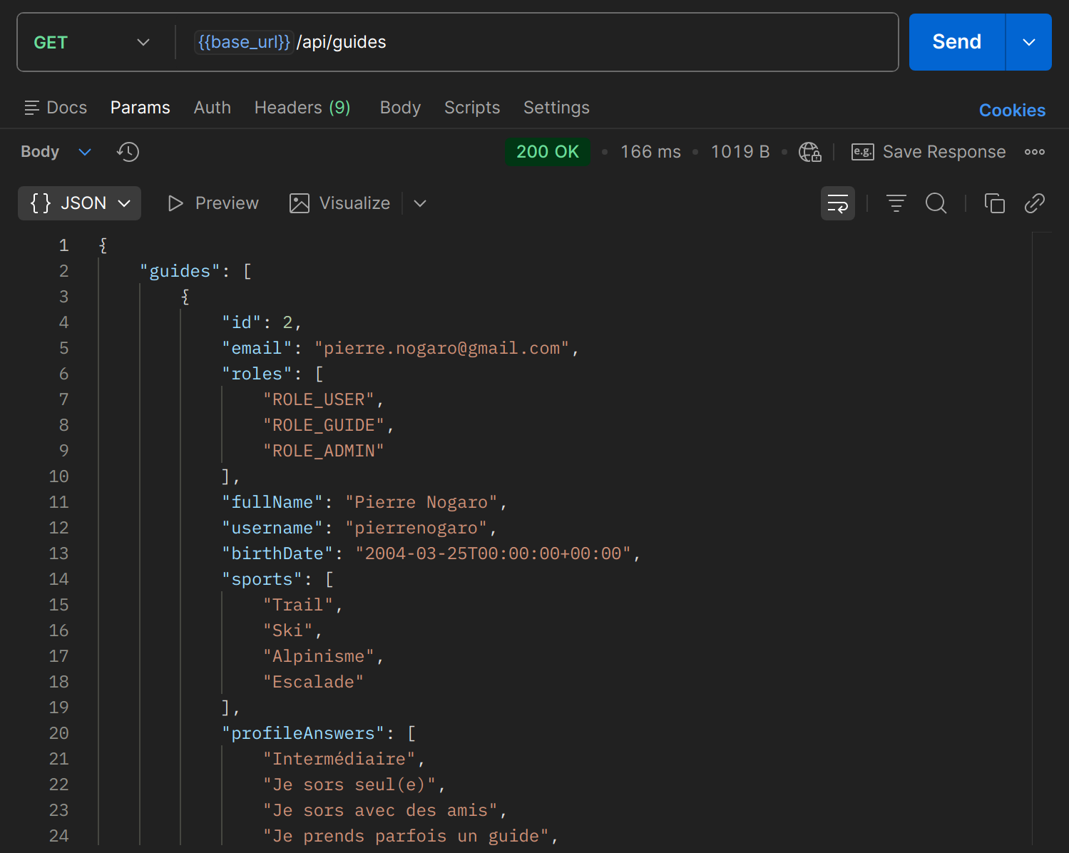 GET /api/guides dans Postman