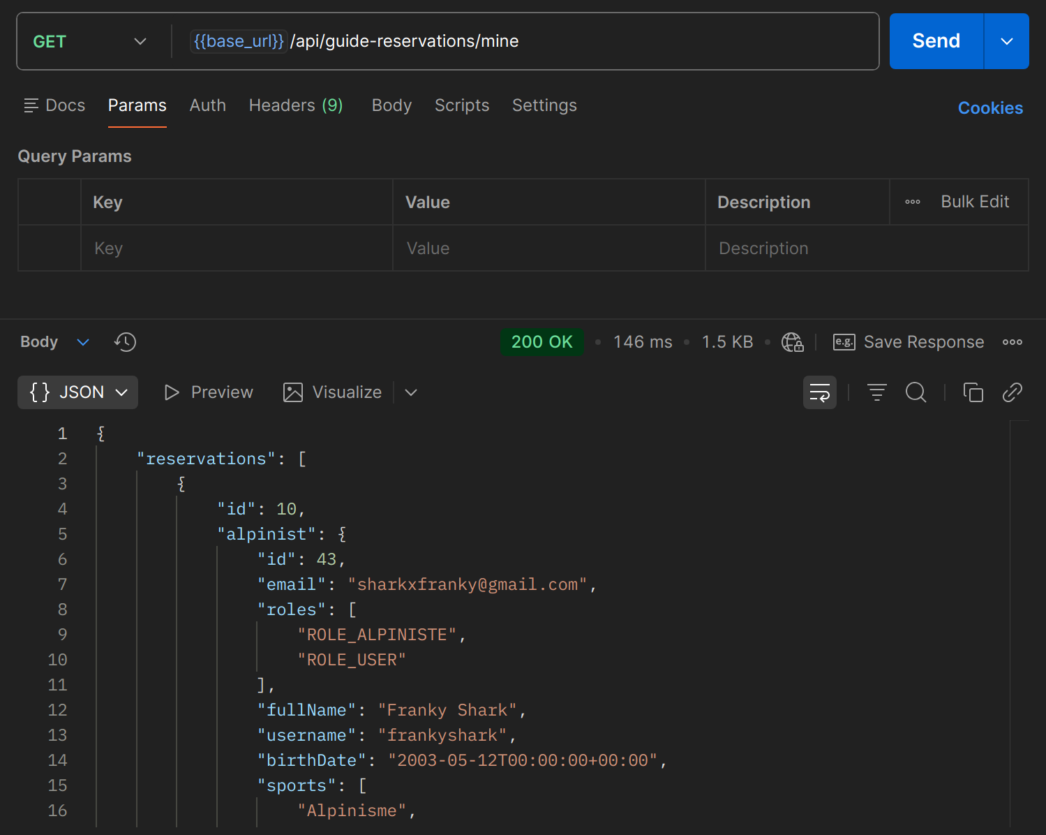 GET /api/guide-reservations/mine dans Postman