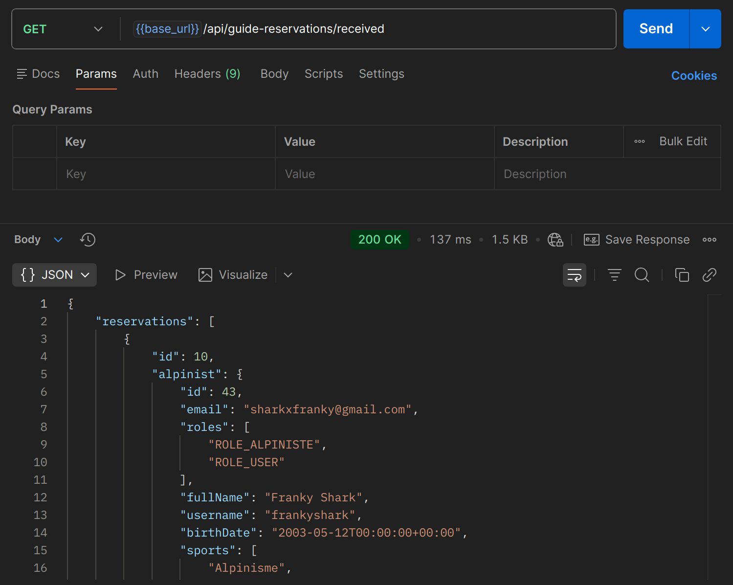 GET /api/guide-reservations/received dans Postman