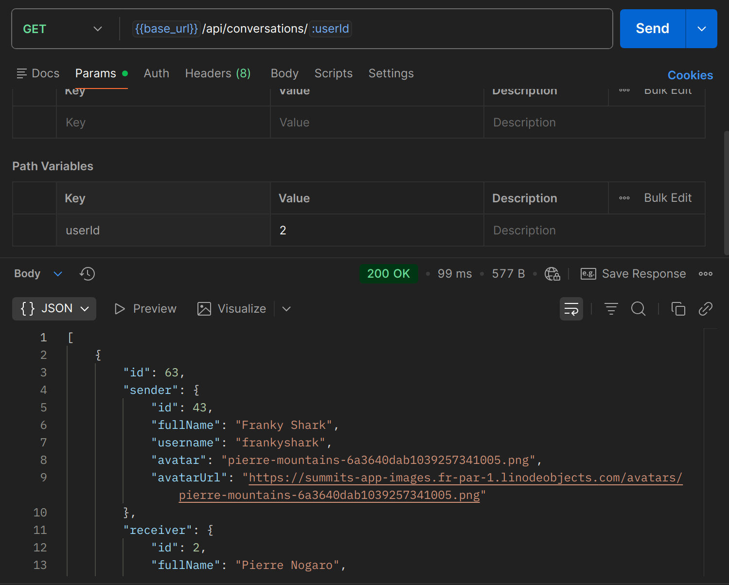 GET /api/conversations/{userId} dans Postman