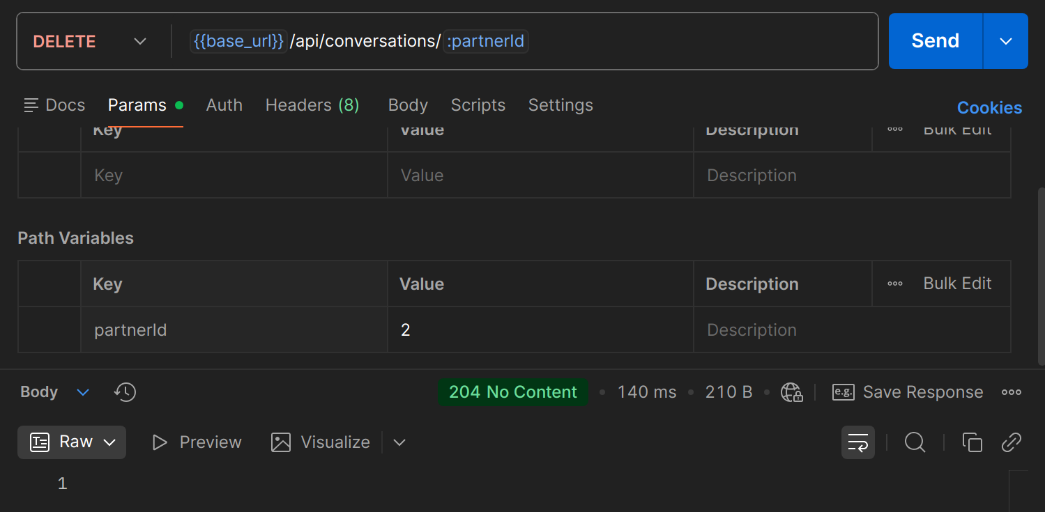DELETE /api/conversations/{partnerId} dans Postman