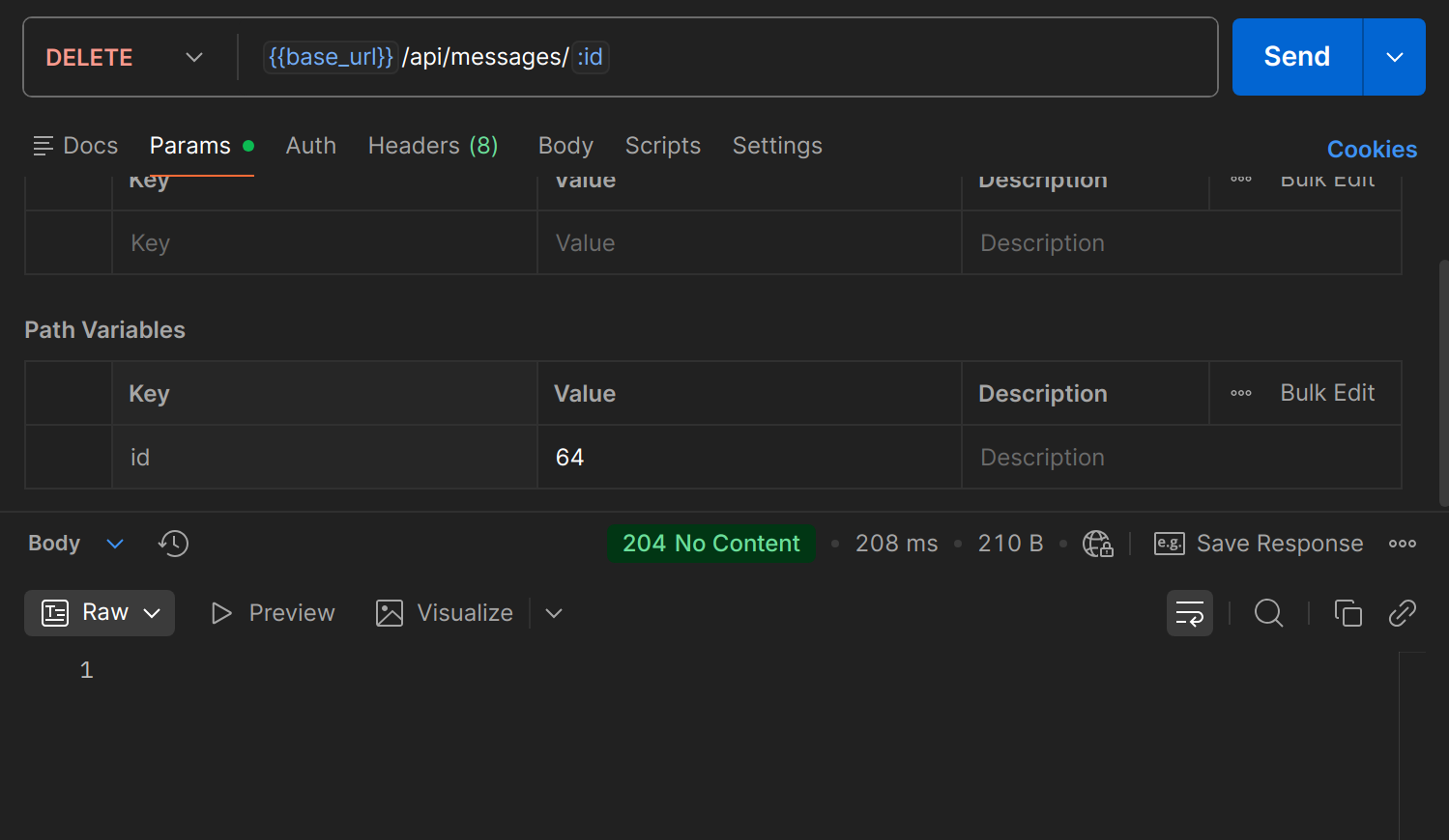 DELETE /api/messages/{id} dans Postman