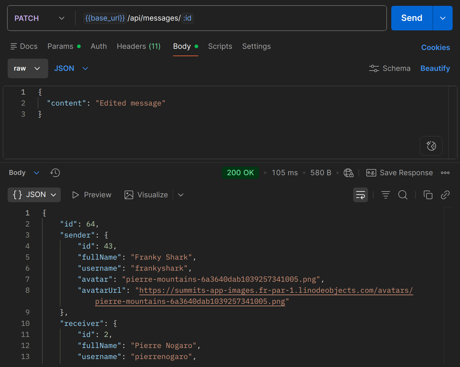 PATCH /api/messages/{id} dans Postman