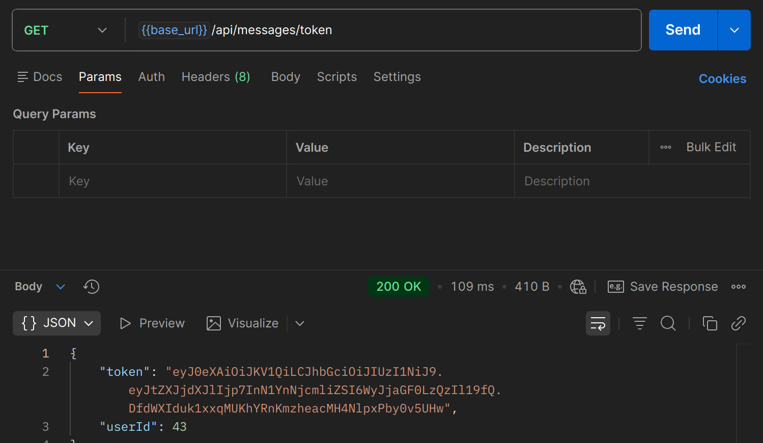GET /api/messages/token dans Postman