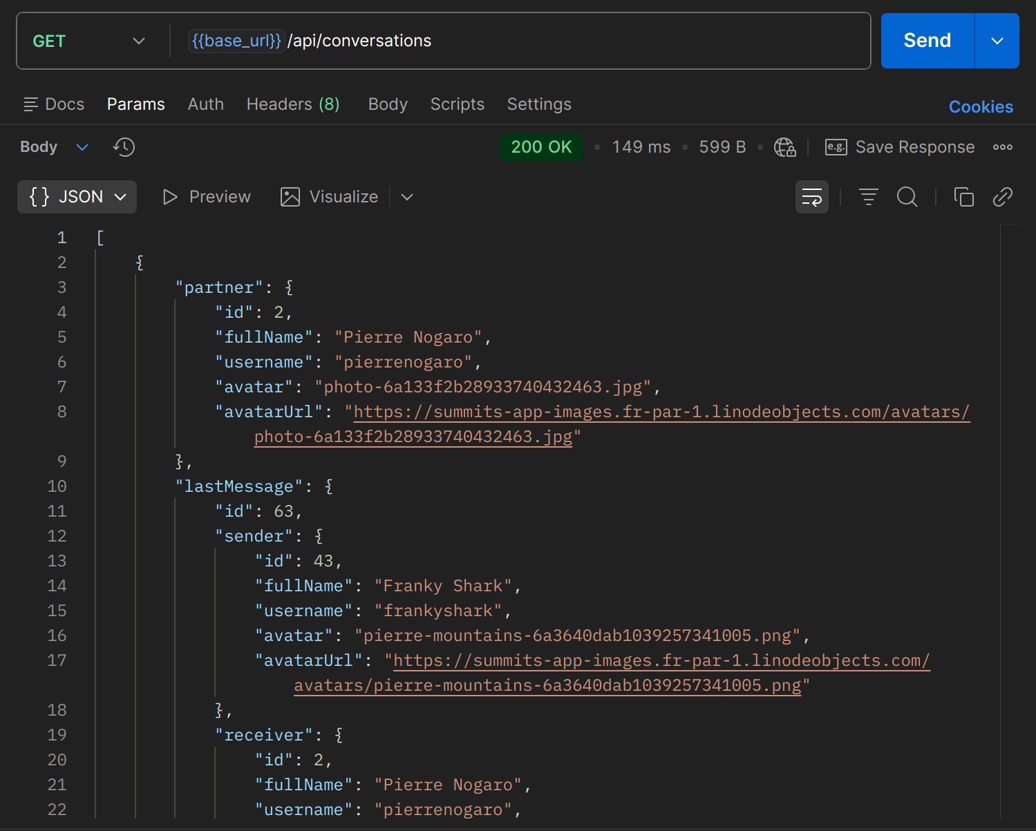 GET /api/conversations dans Postman