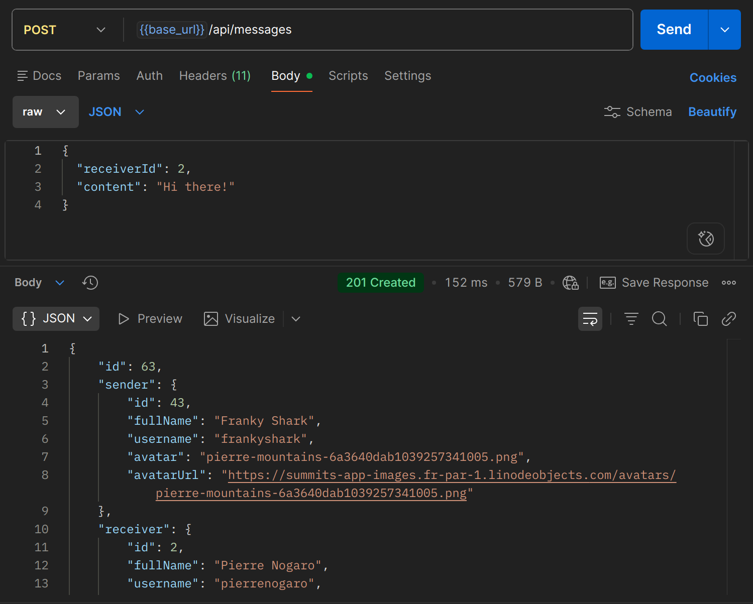 POST /api/messages dans Postman
