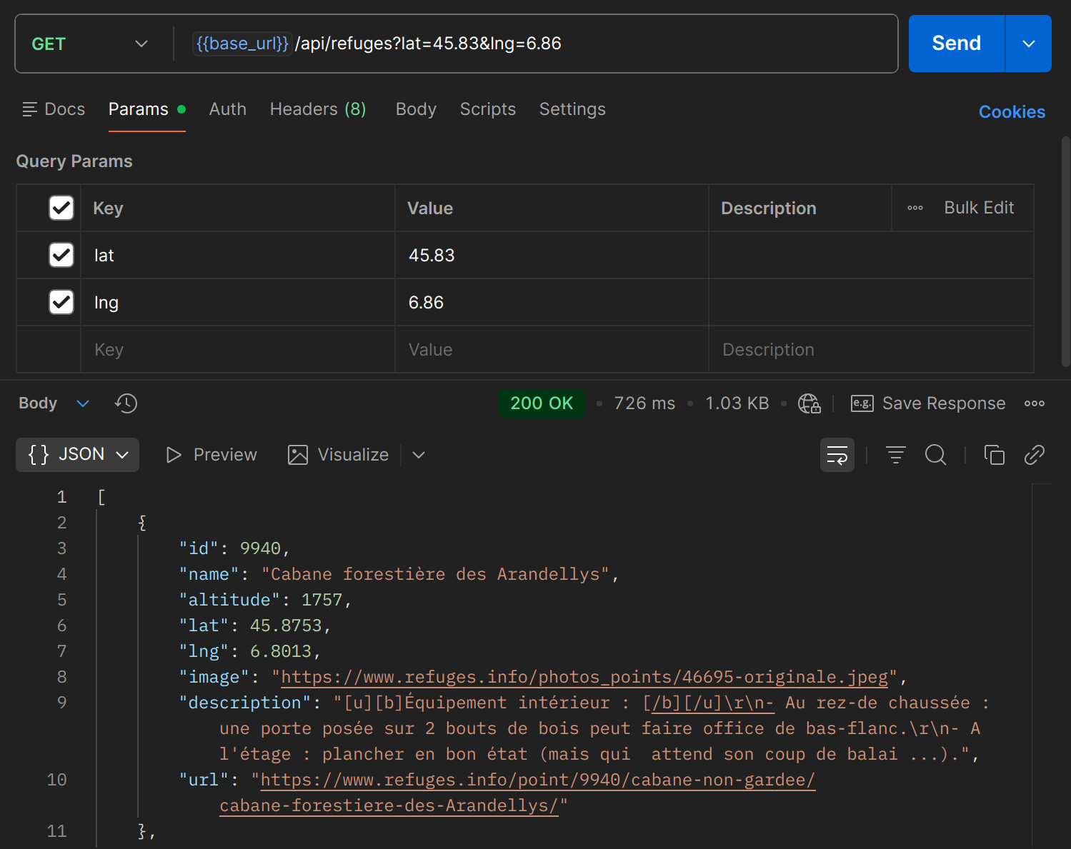 GET /api/refuges?lat=&lng= dans Postman