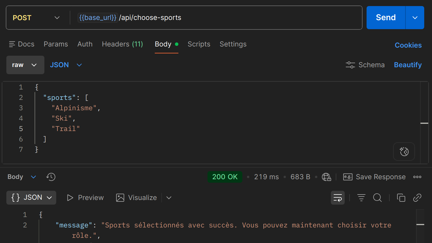 POST /api/choose-sports dans Postman