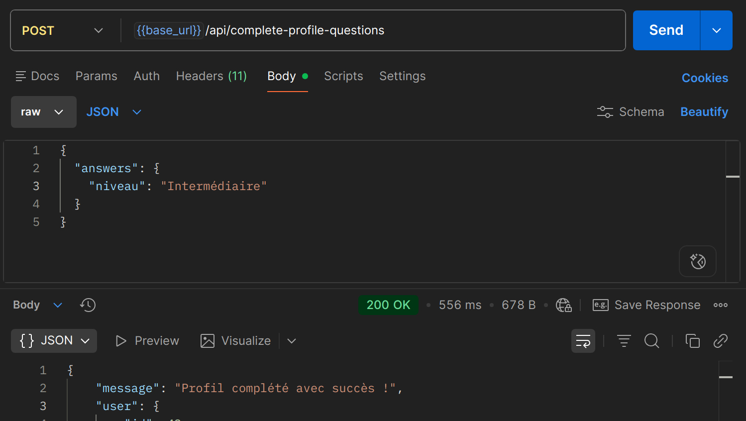 POST /api/complete-profile-questions dans Postman