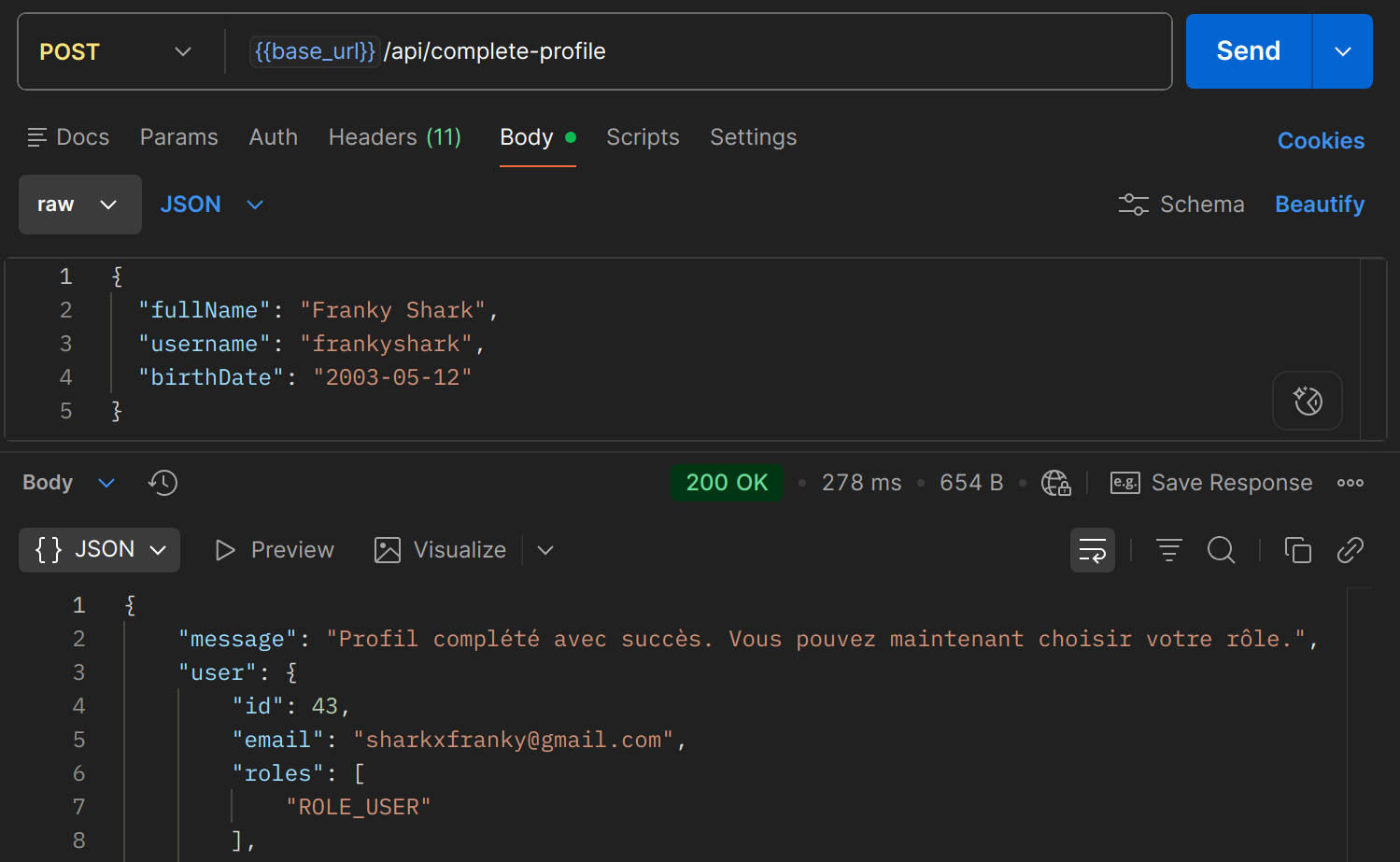 POST /api/complete-profile dans Postman