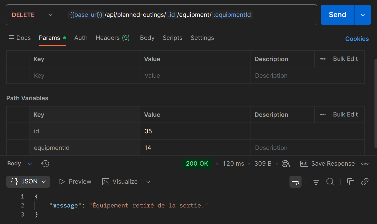 DELETE /api/planned-outings/{id}/equipment/{equipmentId} dans Postman