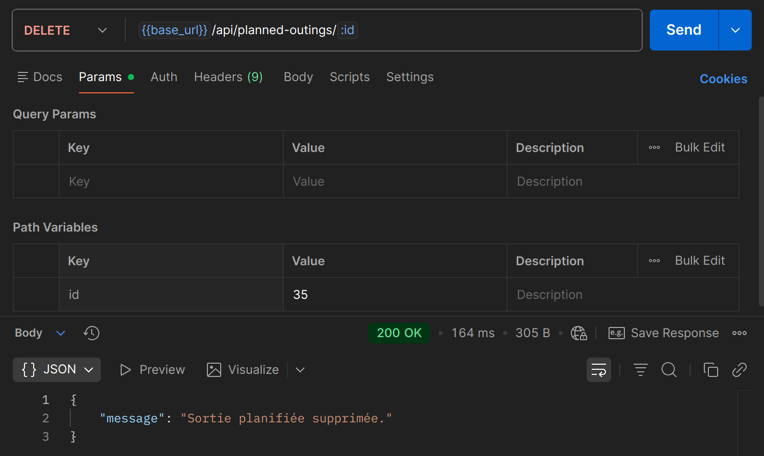 DELETE /api/planned-outings/{id} dans Postman