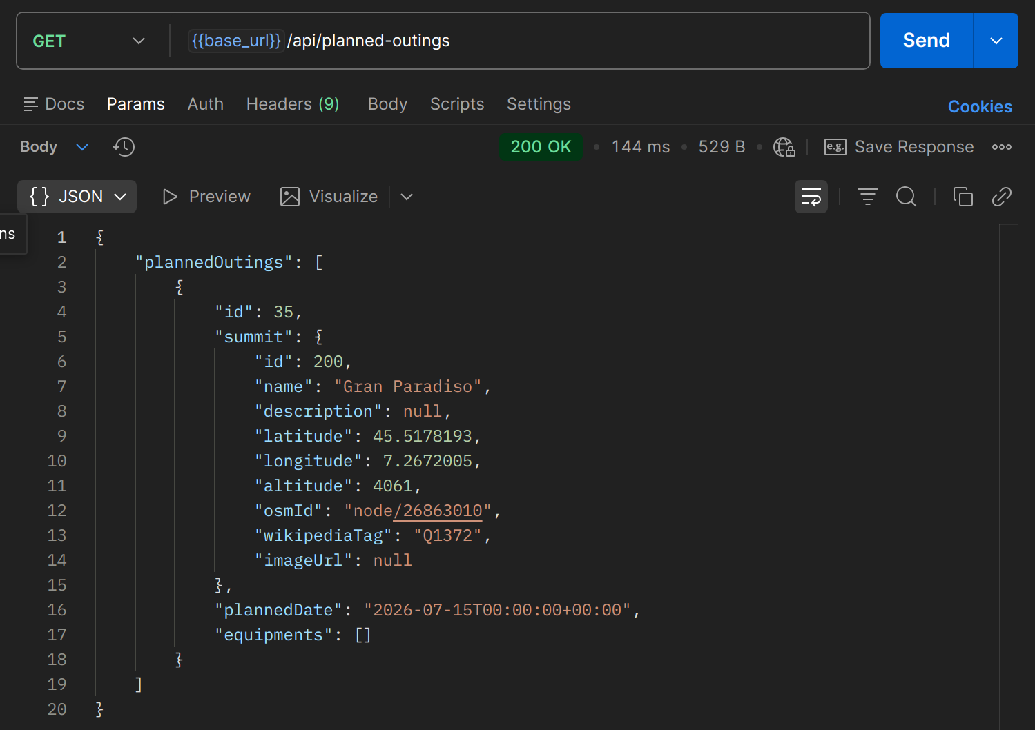 GET /api/planned-outings dans Postman