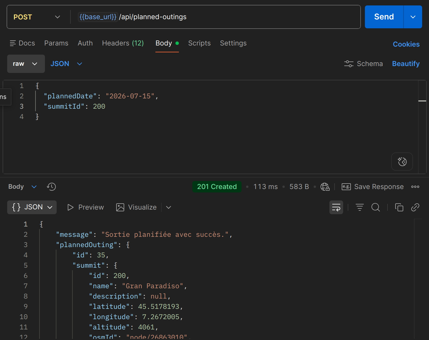 POST /api/planned-outings dans Postman
