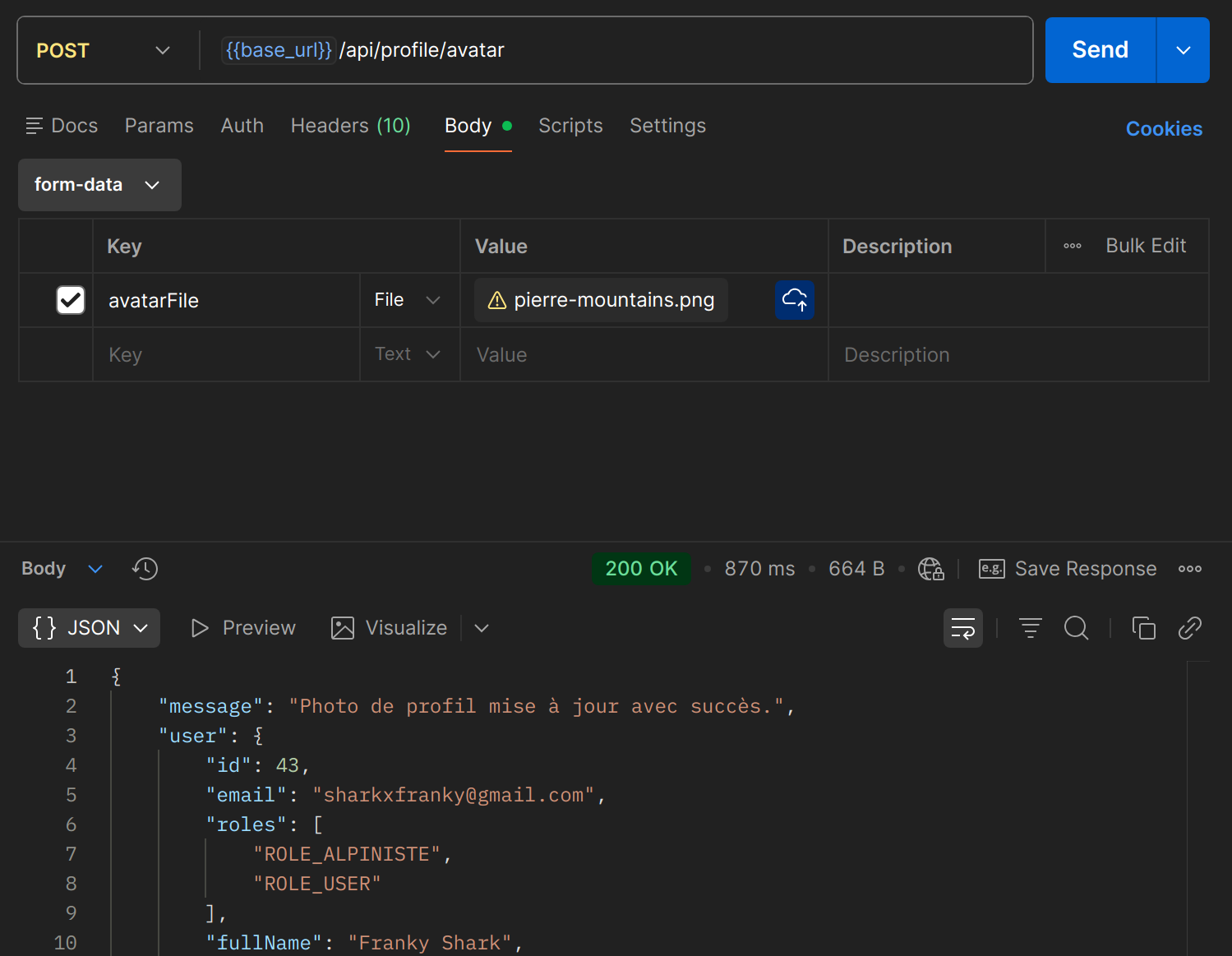 POST /api/profile/avatar dans Postman