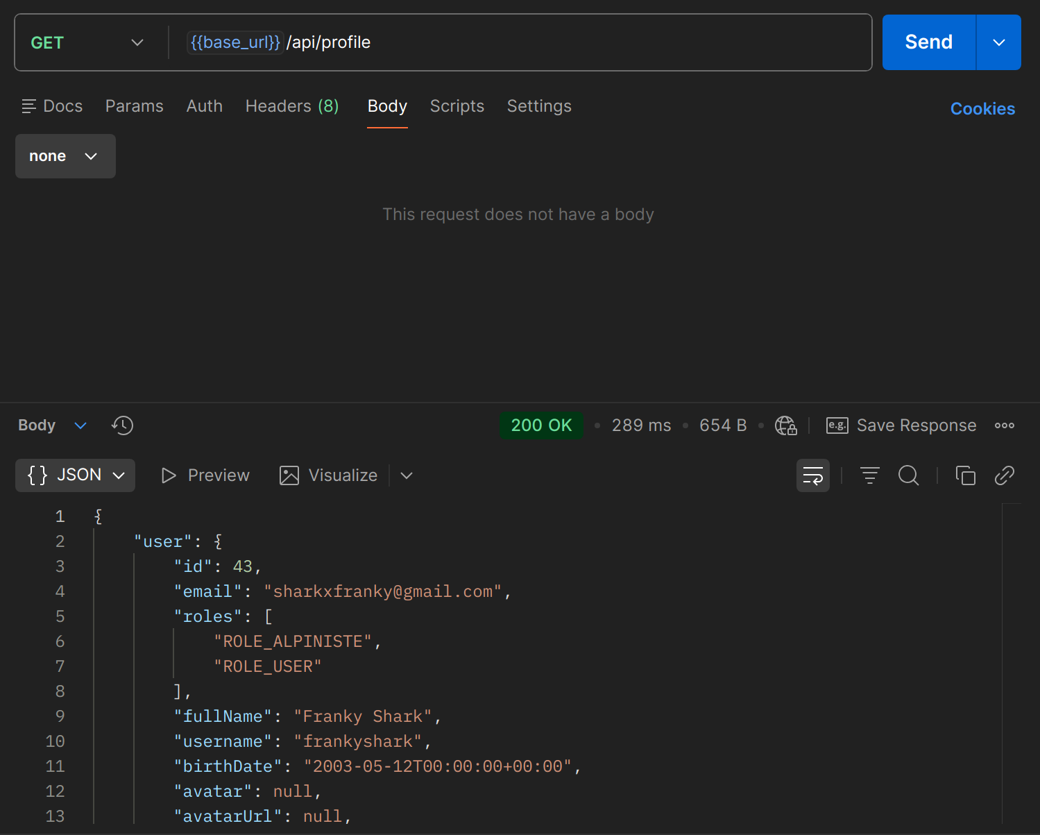 GET /api/profile dans Postman