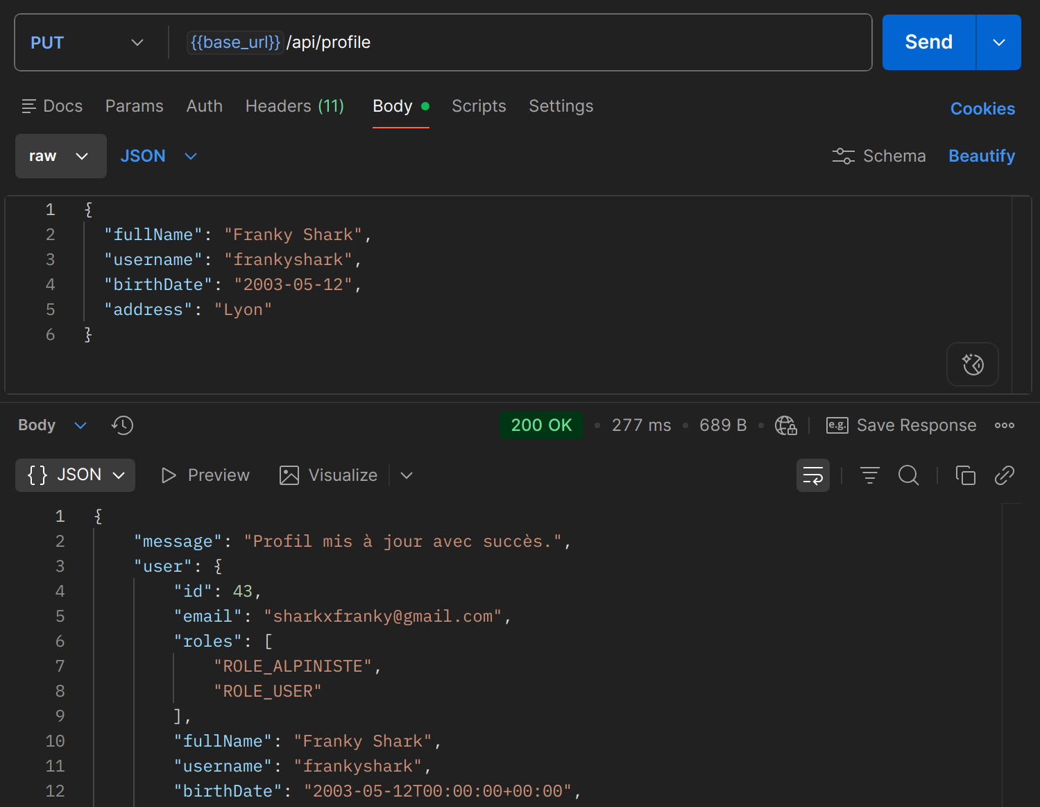 PUT /api/profile dans Postman