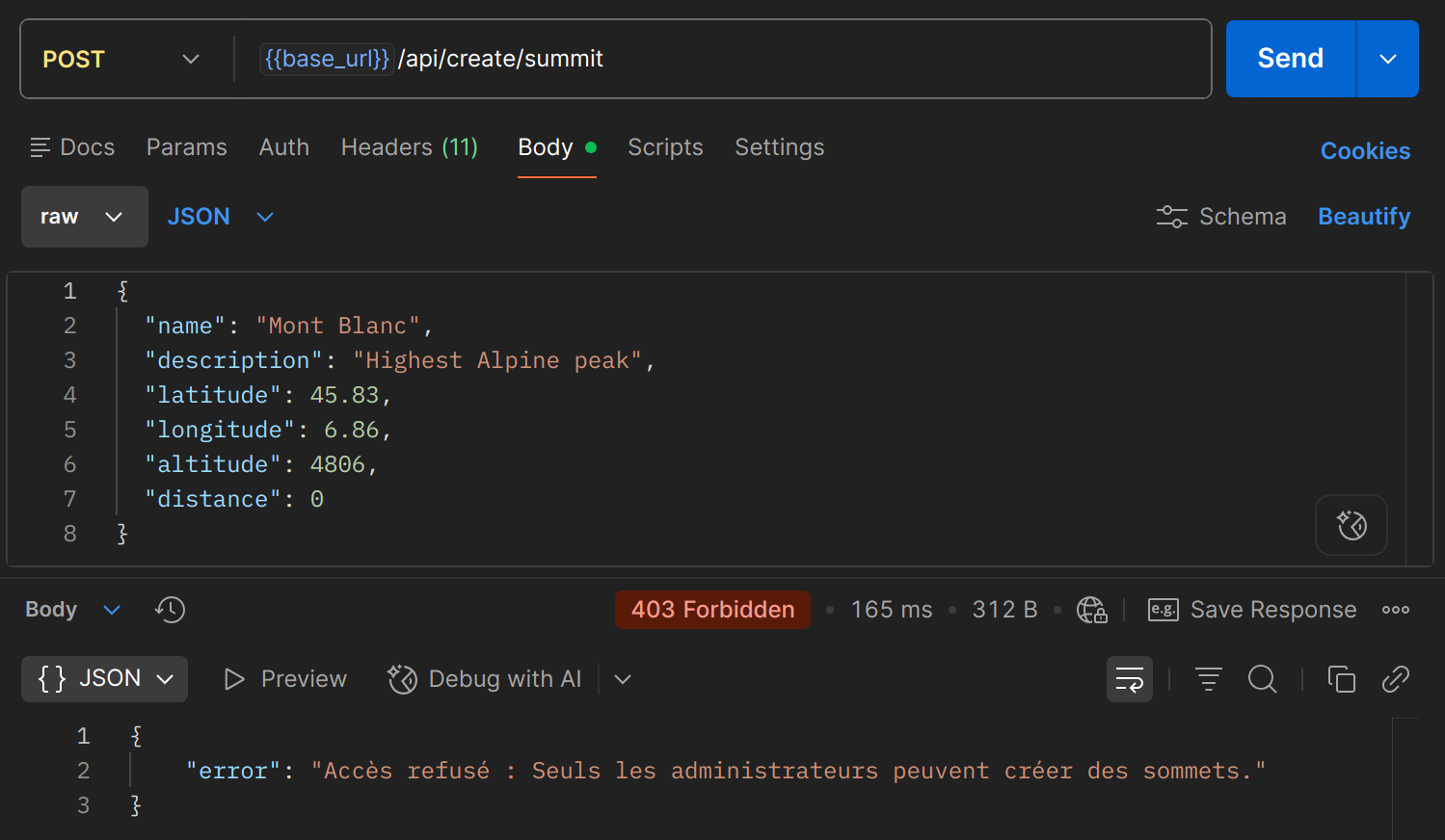 POST /api/create/summit dans Postman