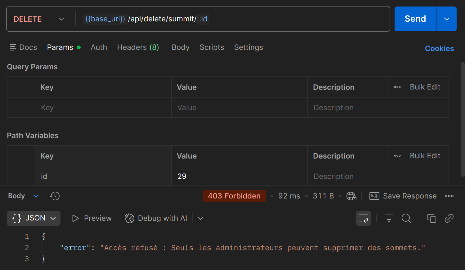 DELETE /api/delete/summit/{id} dans Postman