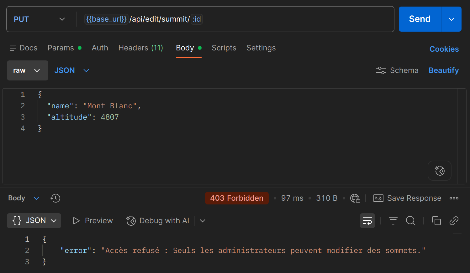 POST /api/edit/summit/{id} dans Postman