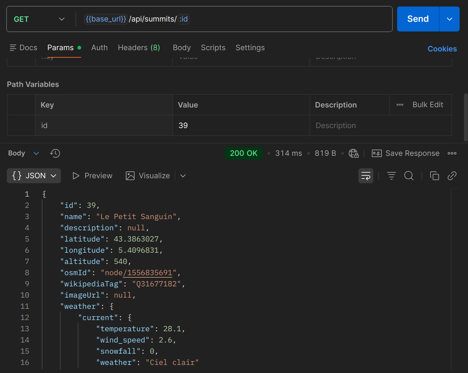 GET /api/summits/{id} dans Postman