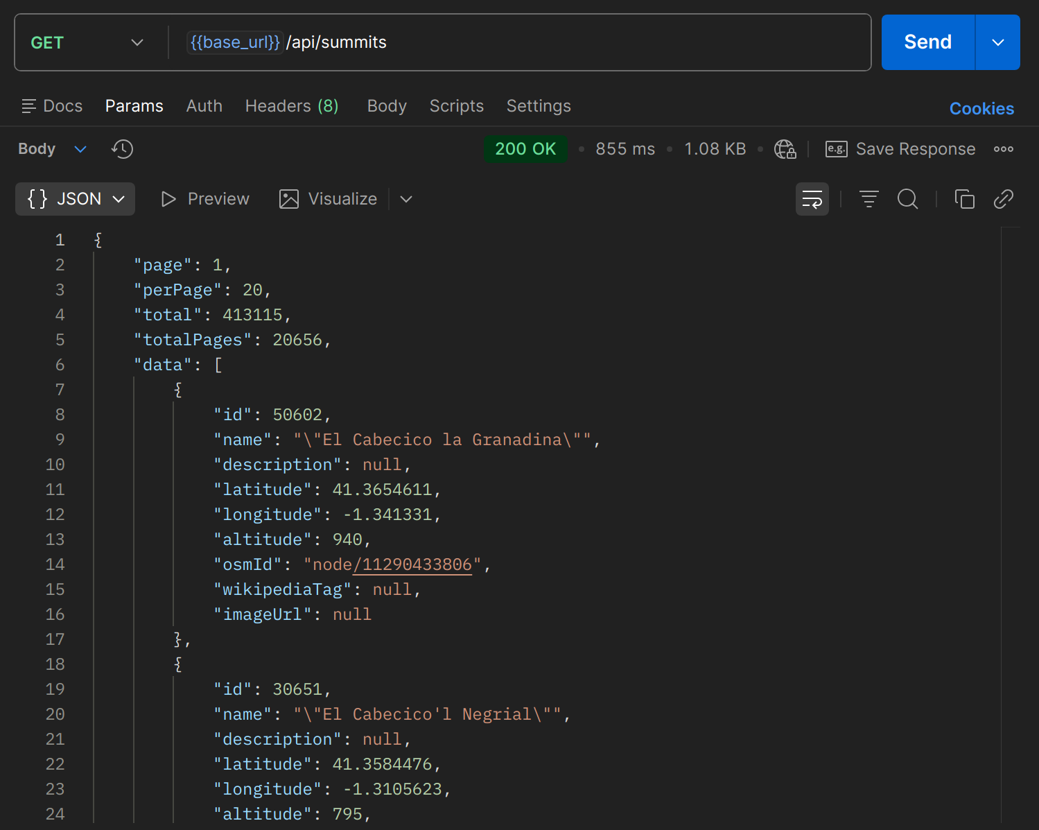 GET /api/summits dans Postman